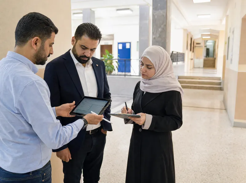 Professionals reviewing accessibility in a Jordanian educational institution.