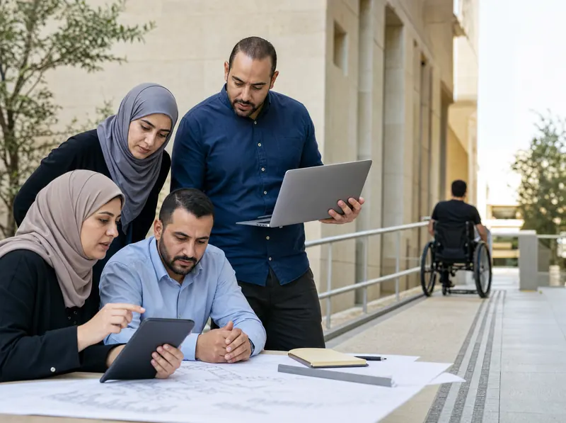 Facilities and IT staff reviewing accessibility standards in a Jordanian educational institution.