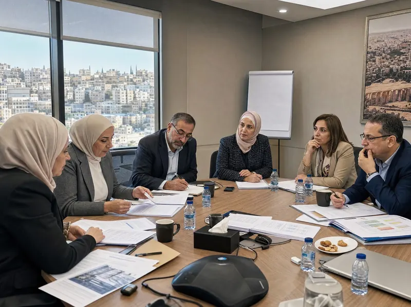 Education leaders reviewing inclusion standards in a professional workshop in Amman.