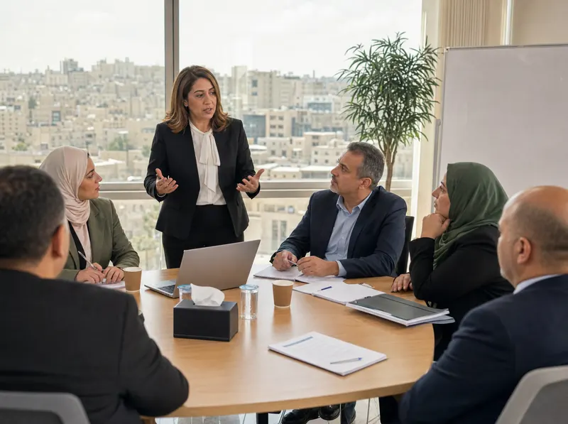 Jordanian education leaders participating in a leadership training session.
